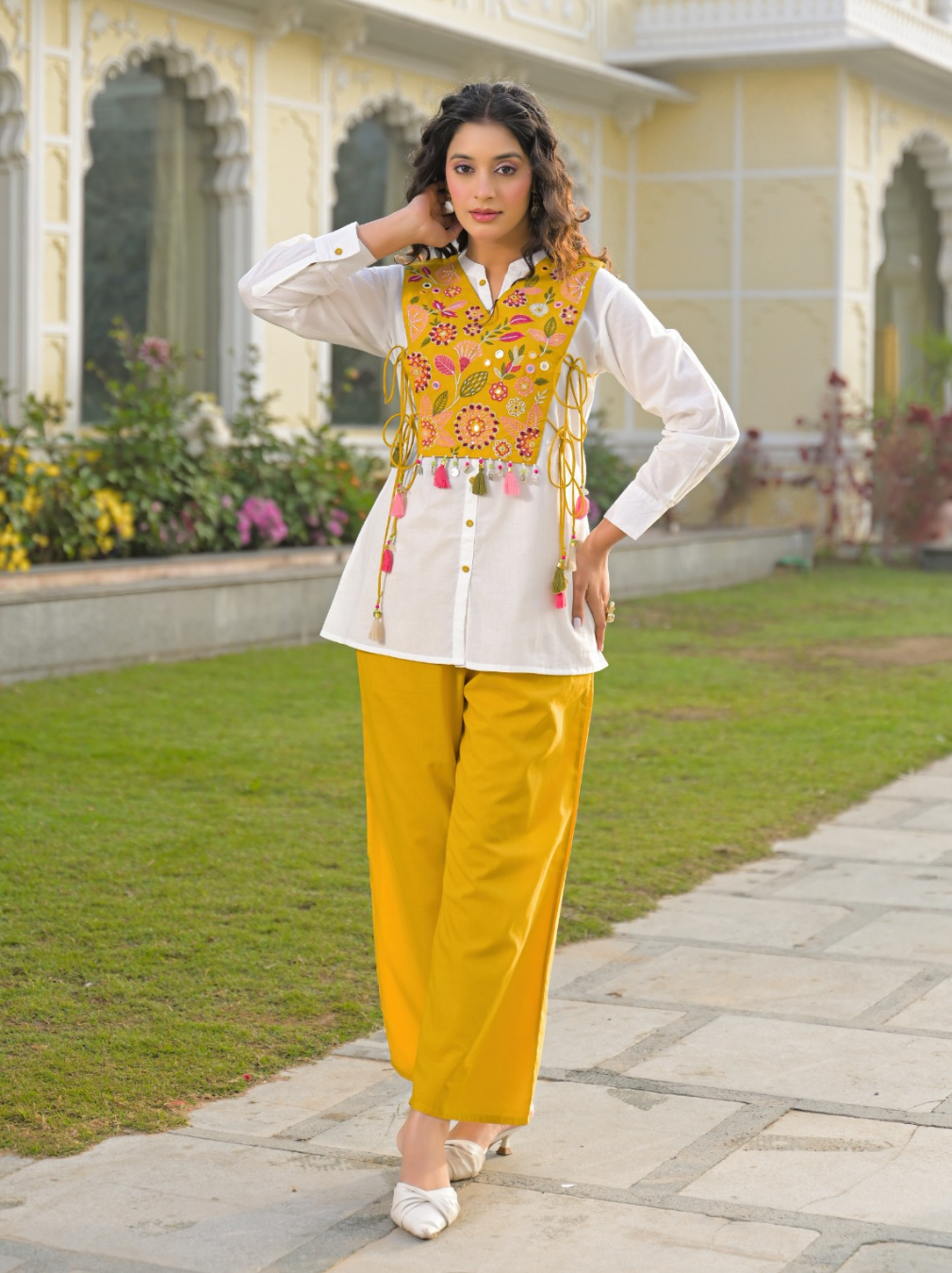 White & Mustard Embroidered Apron Cord Set