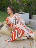 Rust & Cream Abstract Print Cotton Suit Set with Thread Embroidered Neck