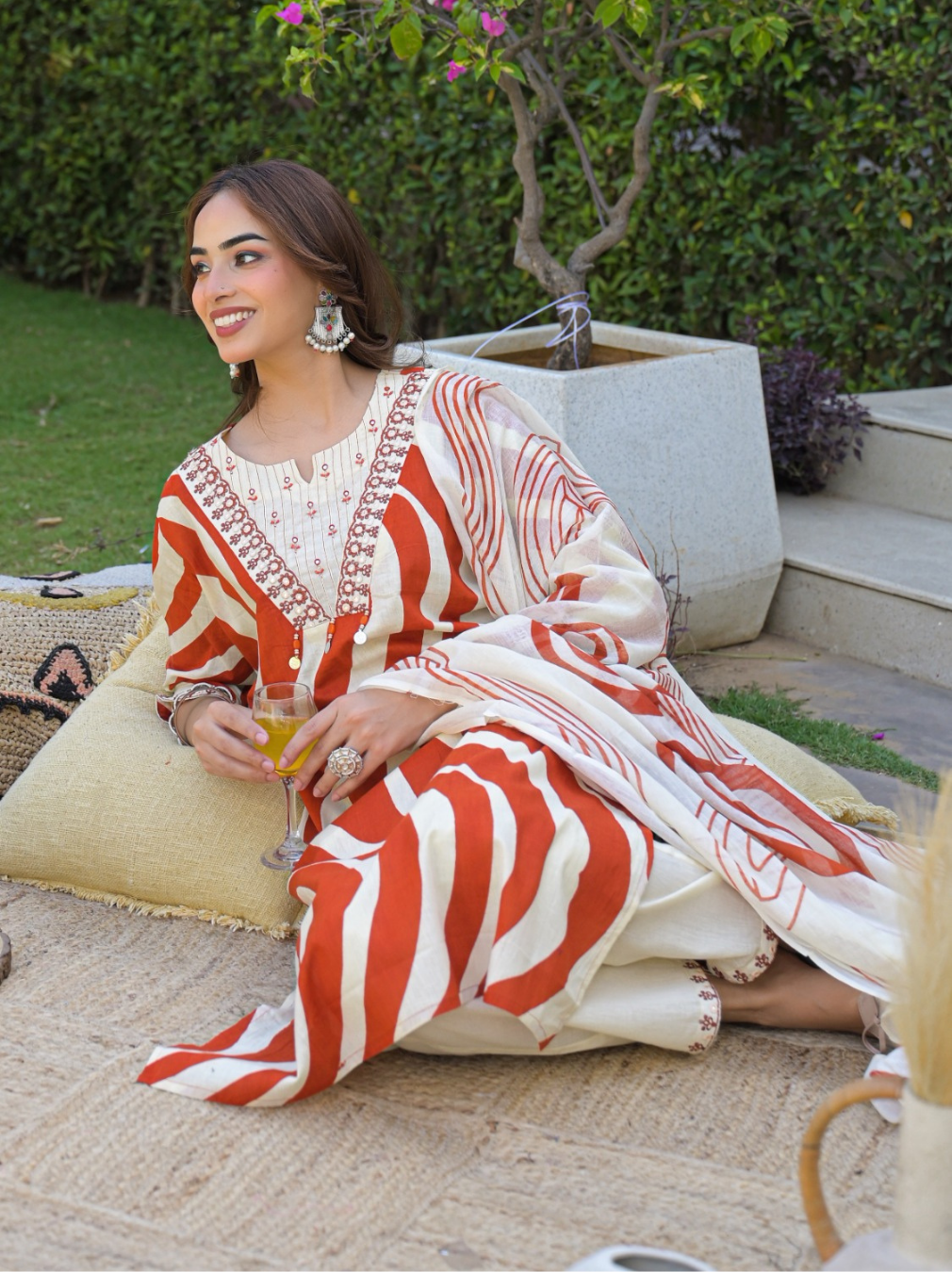 Rust & Cream Abstract Print Cotton Suit Set with Thread Embroidered Neck