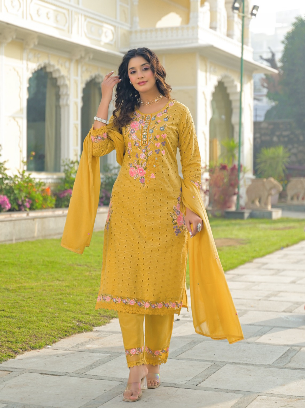 Women's Cotton Straight Suit Set with Thread Embroidery | 3-Piece Ethnic Set