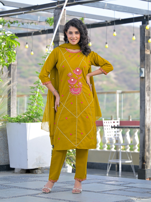 Mustard Thread Embroidered Suit Set with Mul Cotton Dupatta