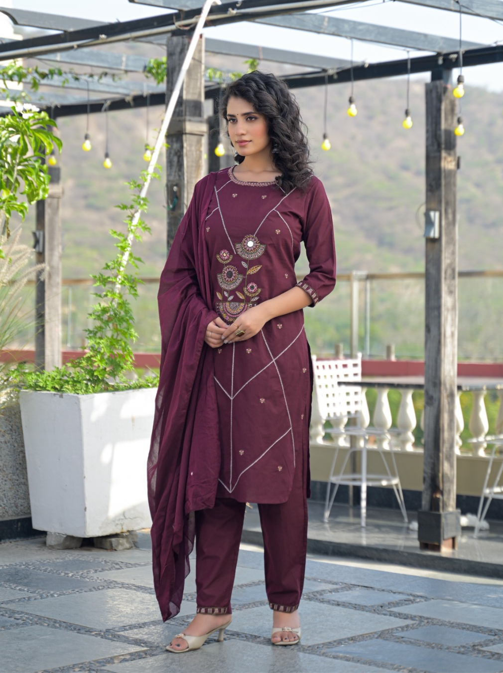 Burgundy Embroidered Kurta Set with Mul Cotton Dupatta