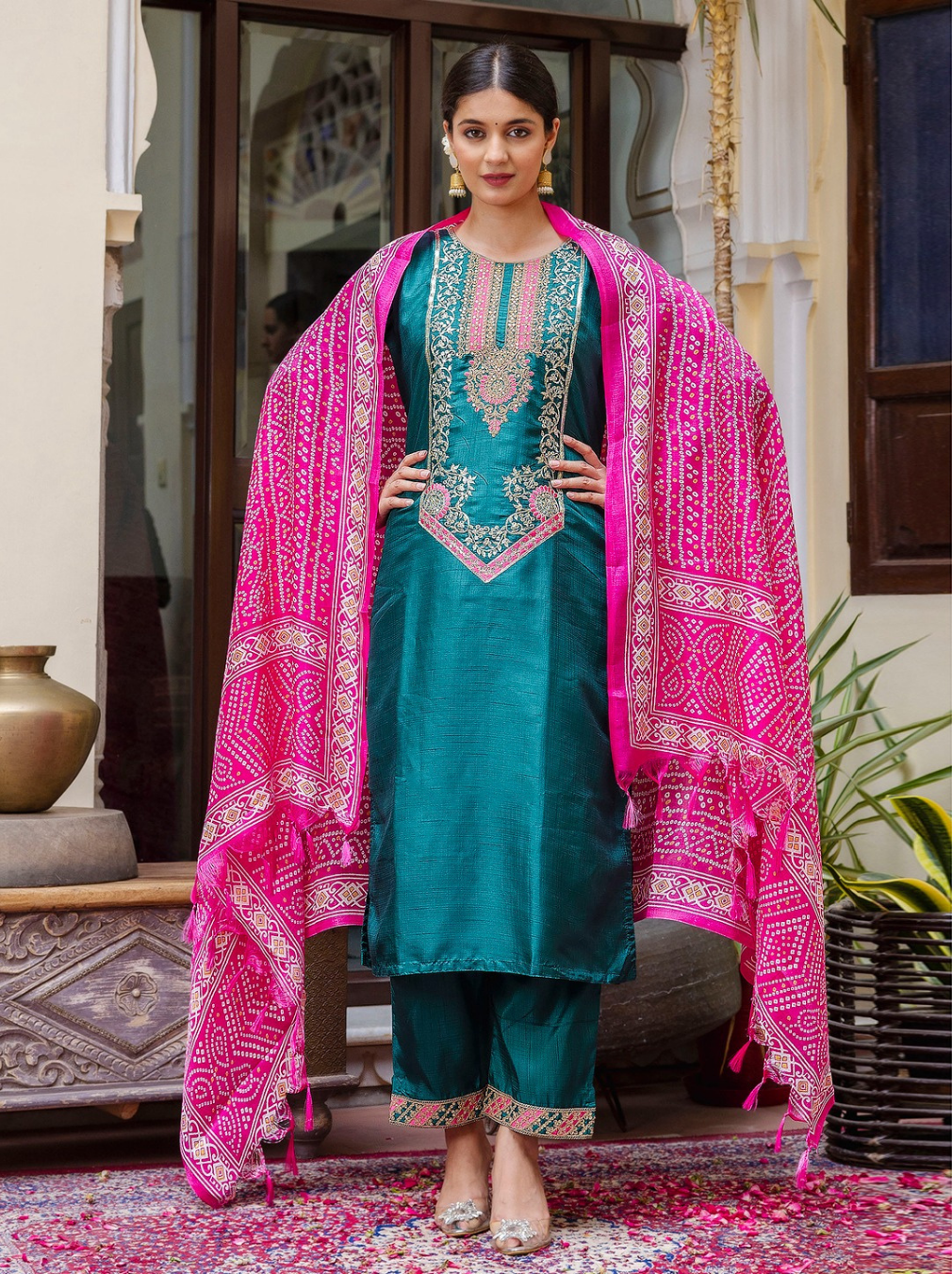 Teal Embroidered Silk Blend Kurta Set with Bandhani Dupatta