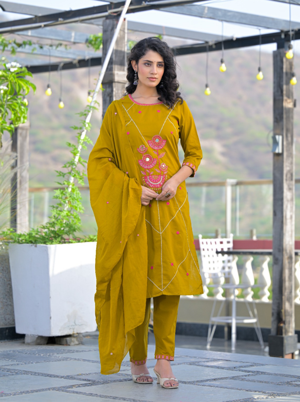 Mustard Thread Embroidered Suit Set with Mul Cotton Dupatta