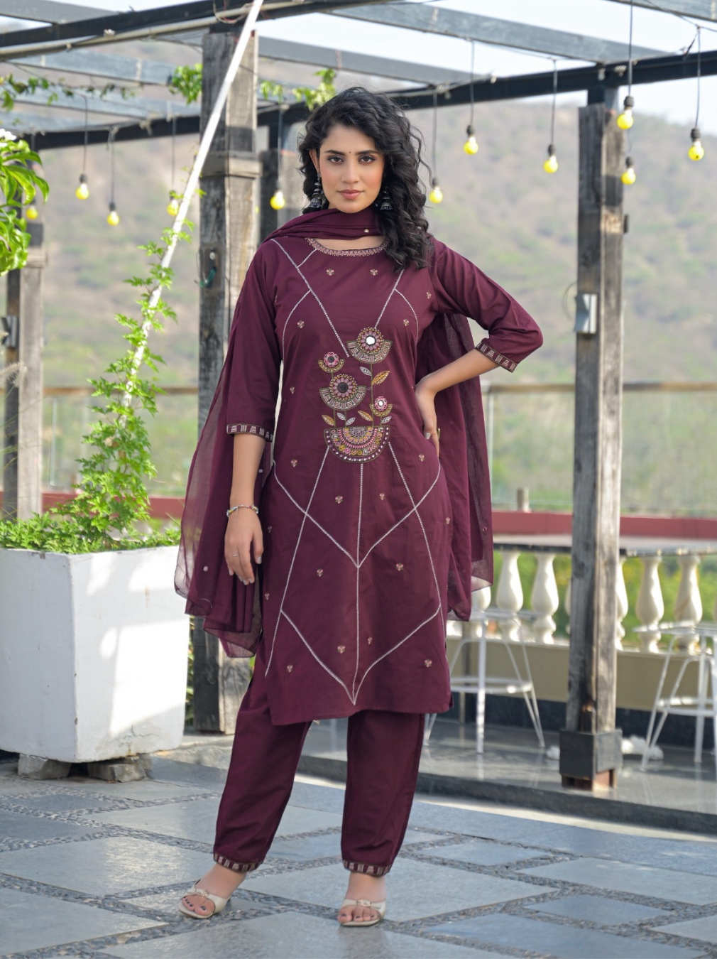 Burgundy Embroidered Kurta Set with Mul Cotton Dupatta