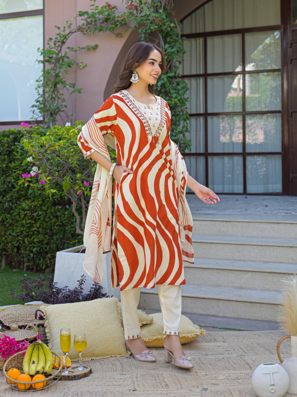 Rust & Cream Abstract Print Cotton Suit Set with Thread Embroidered Neck