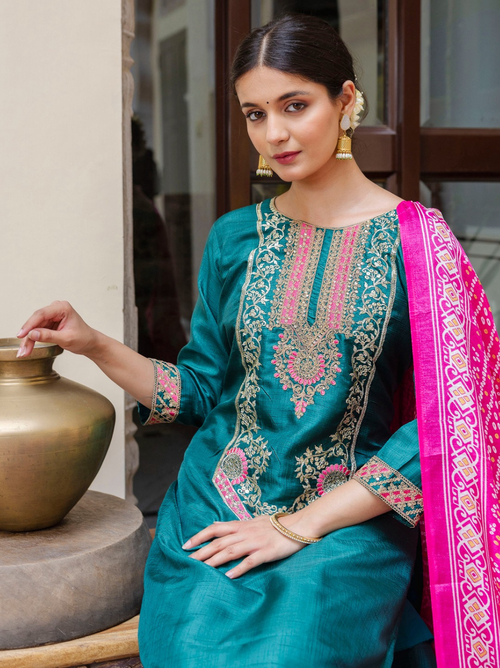 Teal Embroidered Silk Blend Kurta Set with Bandhani Dupatta
