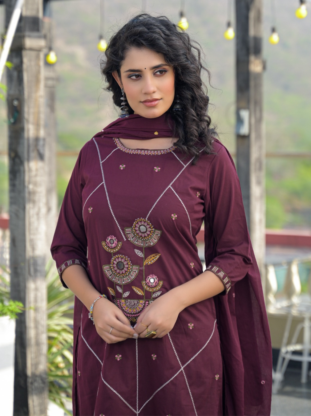 Burgundy Embroidered Kurta Set with Mul Cotton Dupatta
