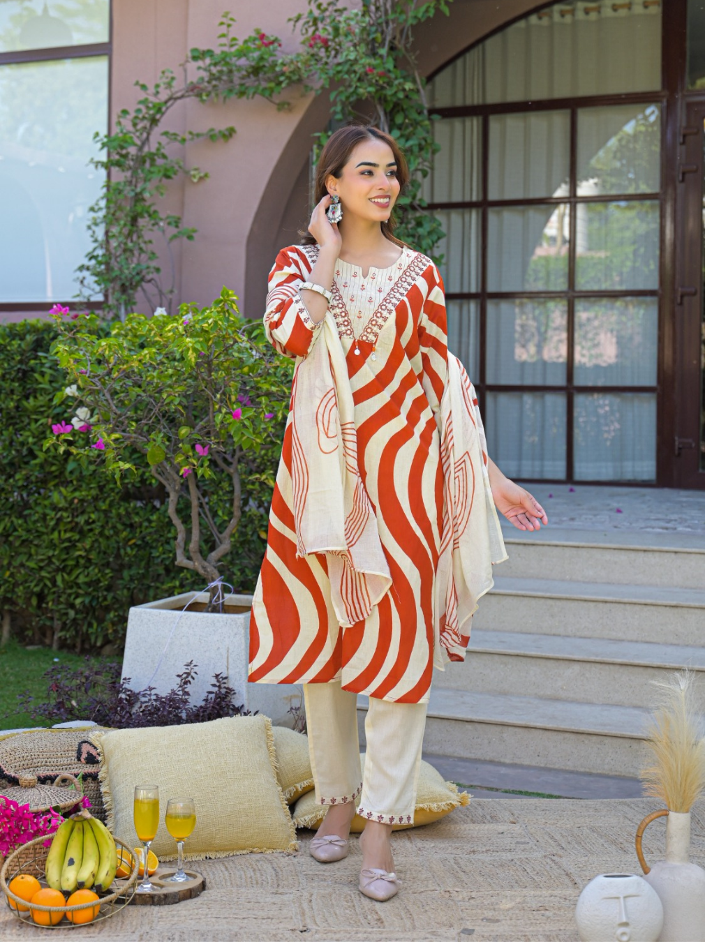 Rust & Cream Abstract Print Cotton Suit Set with Thread Embroidered Neck