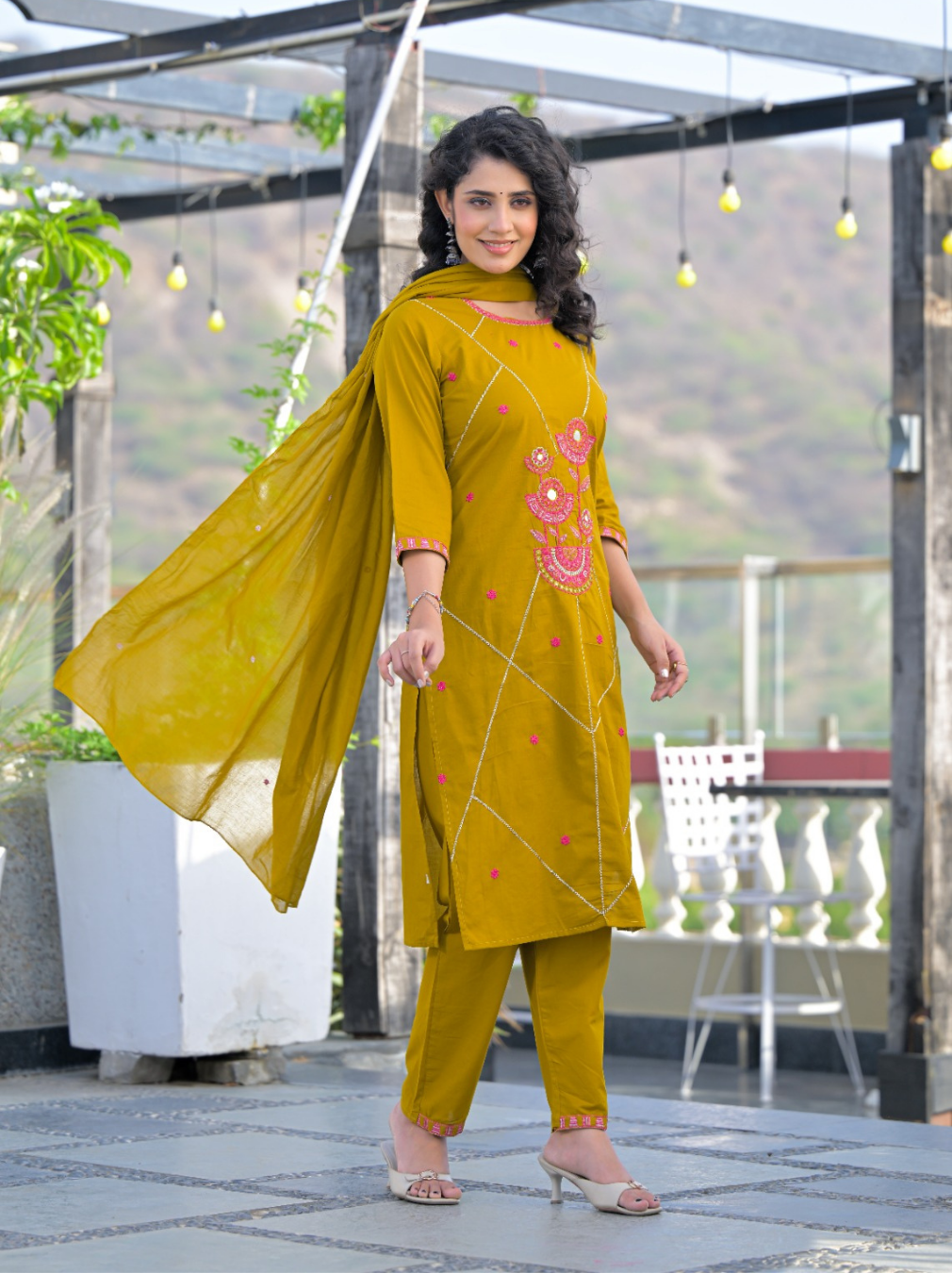 Mustard Thread Embroidered Suit Set with Mul Cotton Dupatta