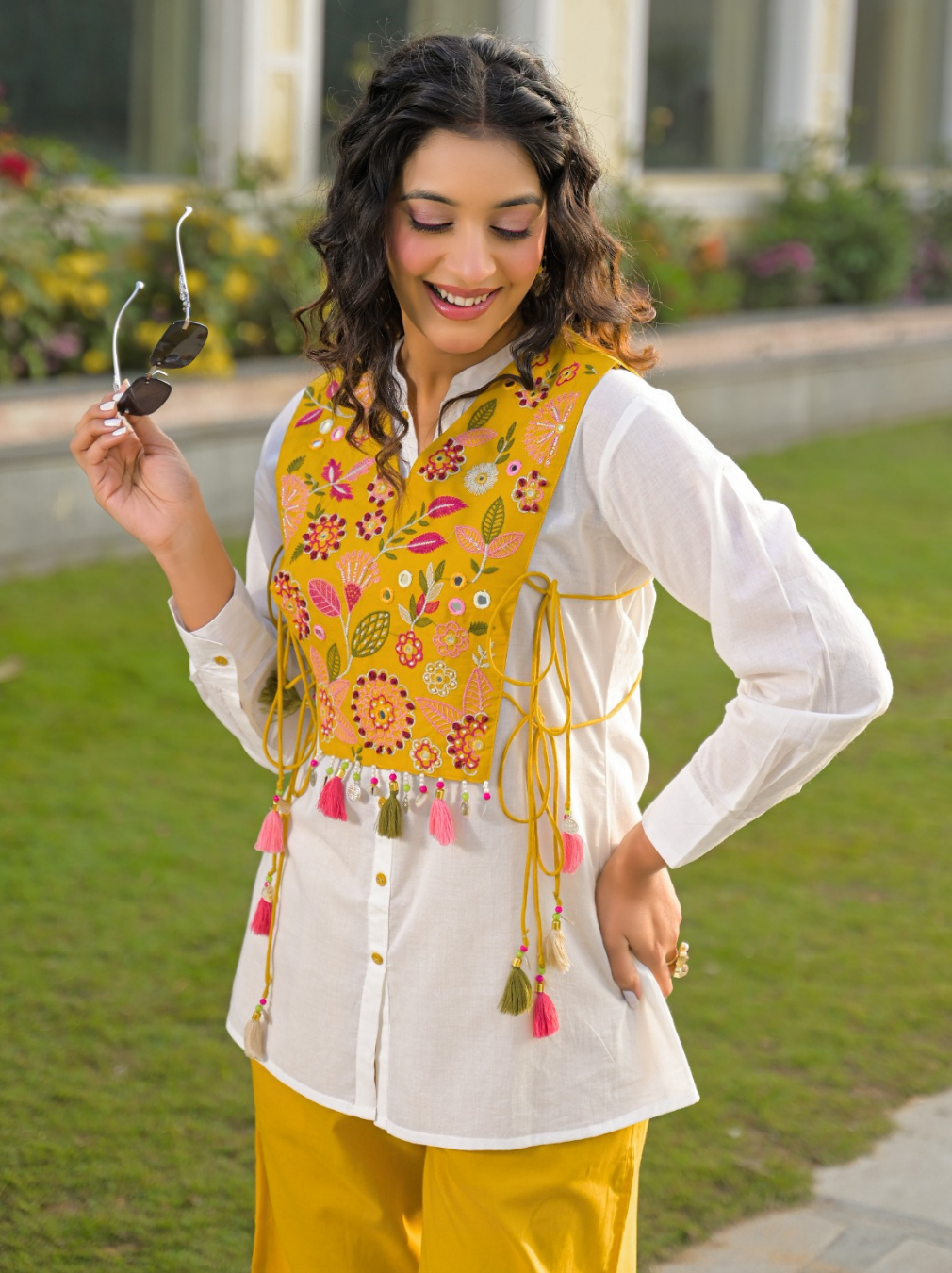 White & Mustard Embroidered Apron Cord Set