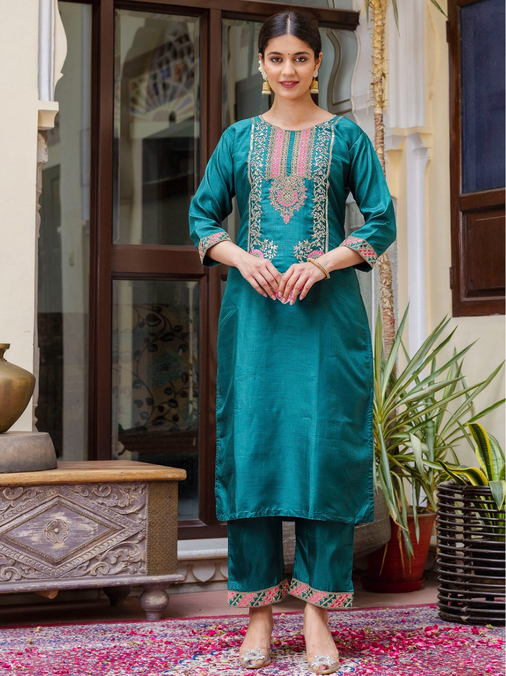 Teal Embroidered Silk Blend Kurta Set with Bandhani Dupatta