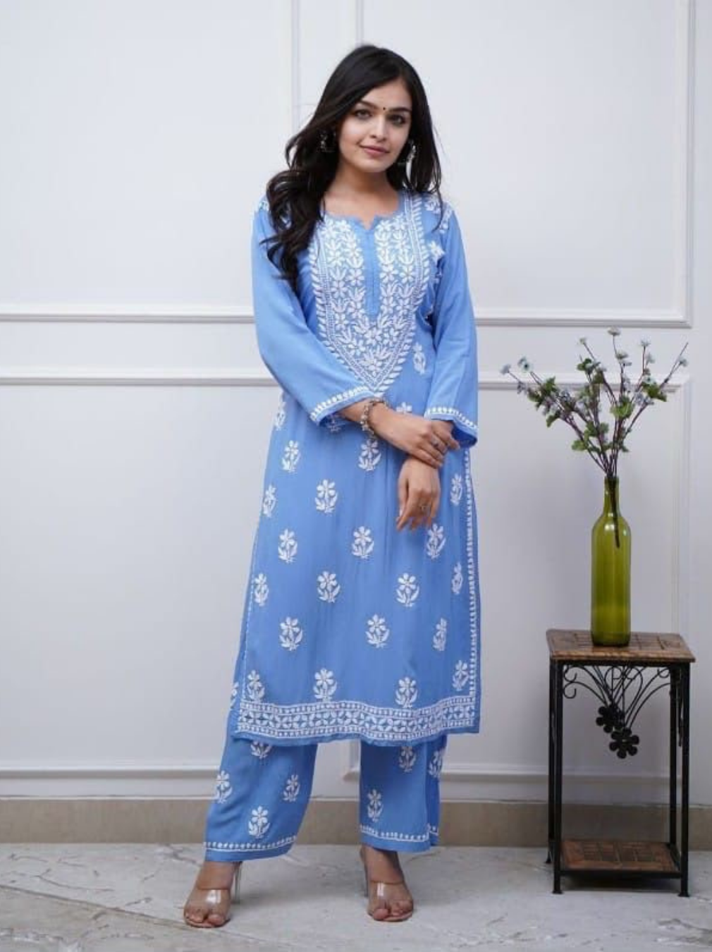 Women's Sky Blue Rayon Kurta Pant Set with Thread Embroidery