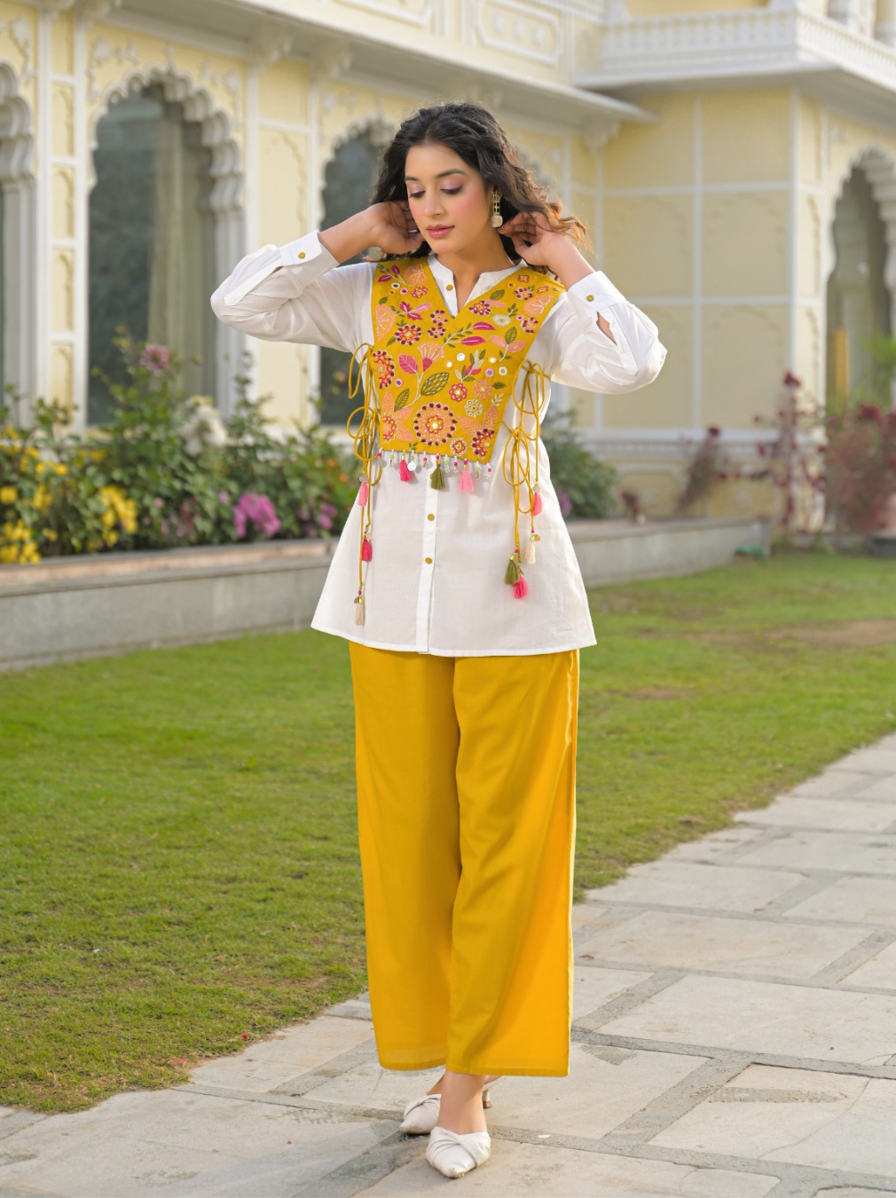 White & Mustard Embroidered Apron Cord Set