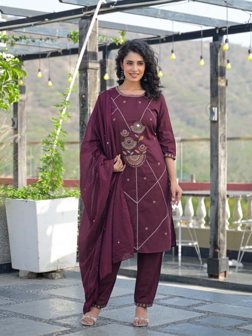 Burgundy Embroidered Kurta Set with Mul Cotton Dupatta