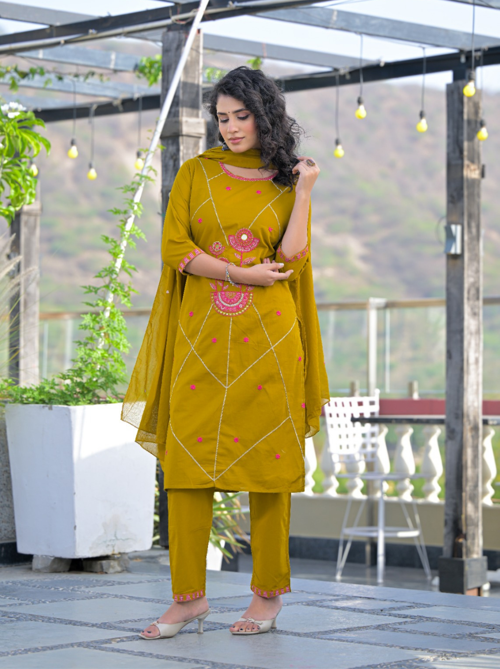 Mustard Thread Embroidered Suit Set with Mul Cotton Dupatta