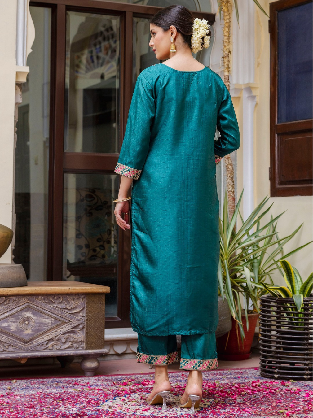 Teal Embroidered Silk Blend Kurta Set with Bandhani Dupatta
