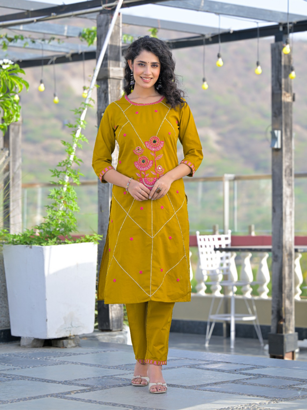 Mustard Thread Embroidered Suit Set with Mul Cotton Dupatta