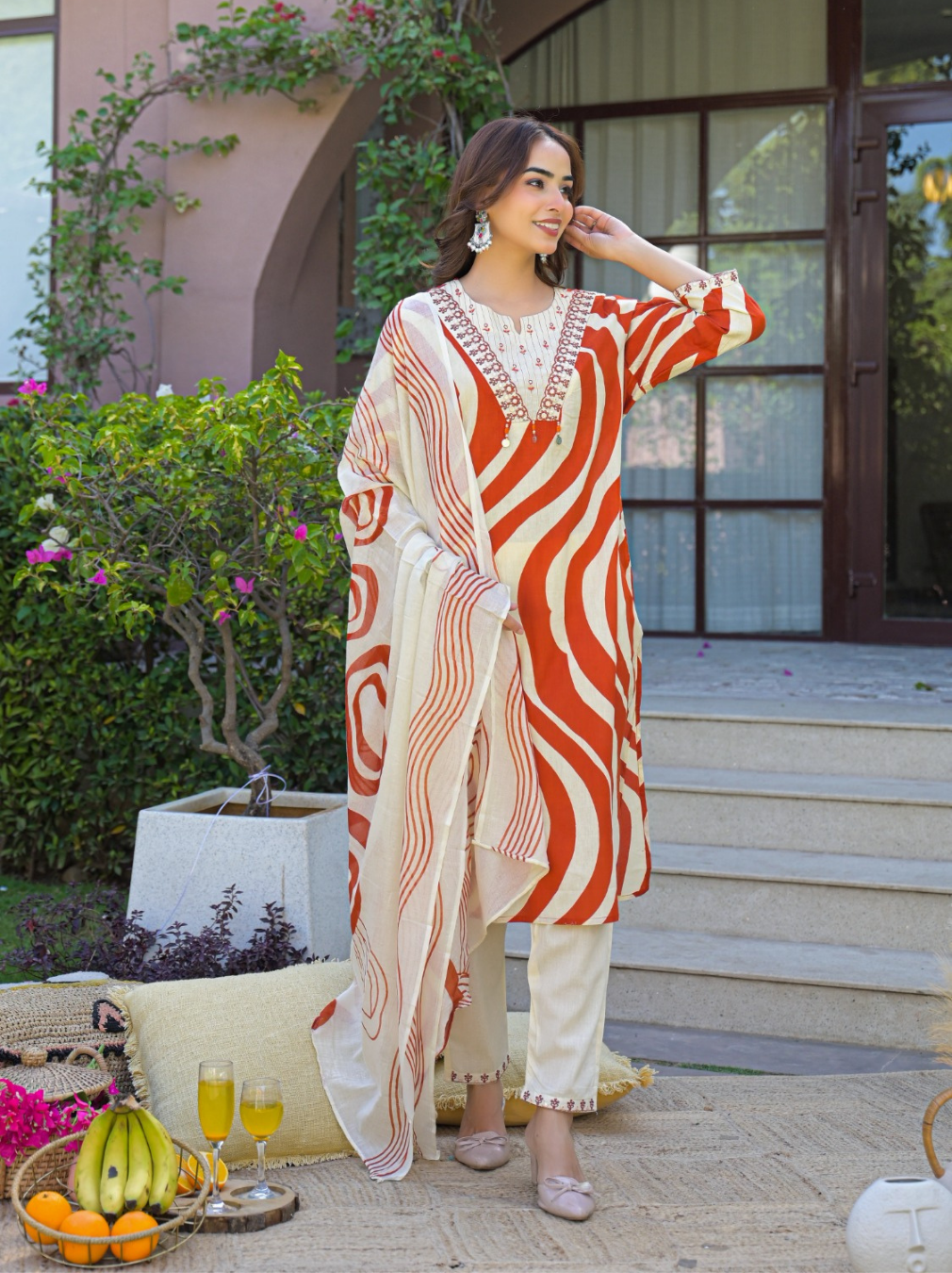 Rust & Cream Abstract Print Cotton Suit Set with Thread Embroidered Neck