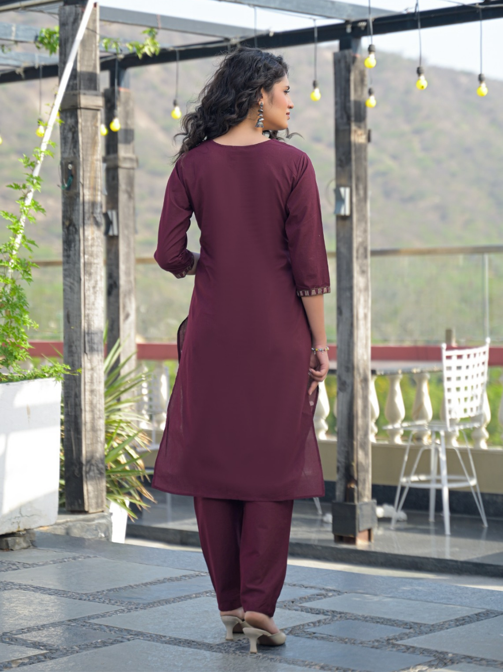 Burgundy Embroidered Kurta Set with Mul Cotton Dupatta