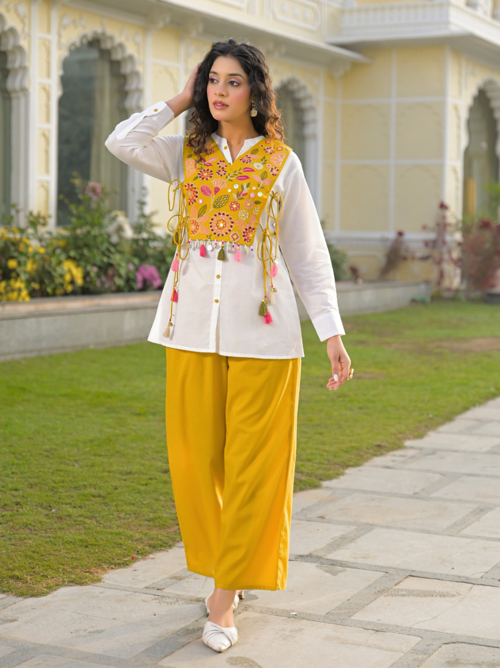 White & Mustard Embroidered Apron Cord Set