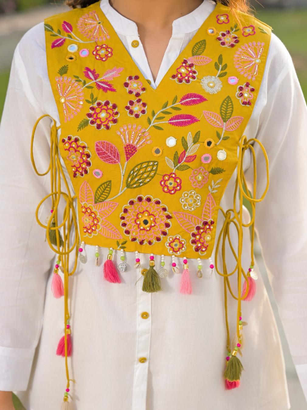 White & Mustard Embroidered Apron Cord Set