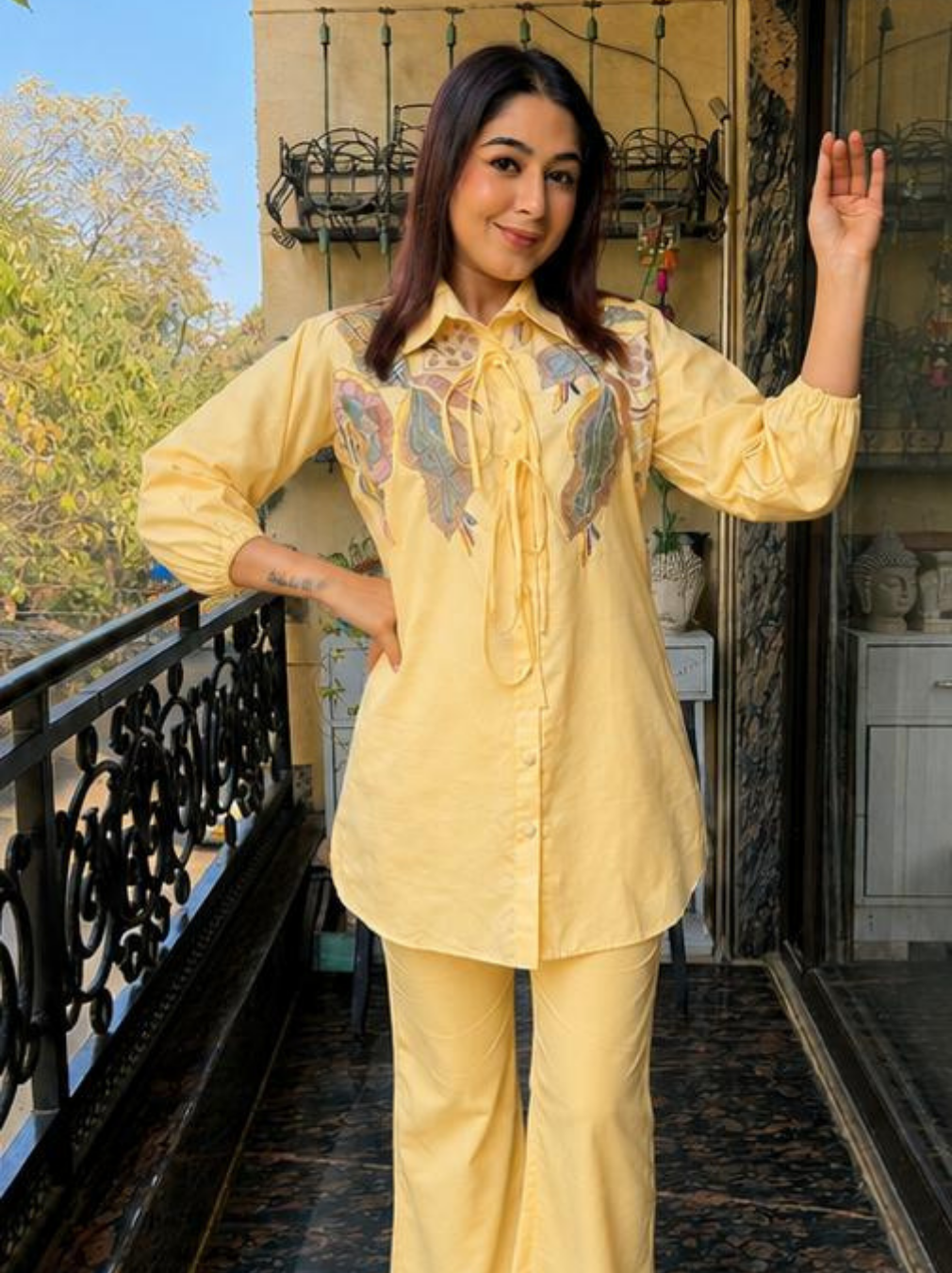 Butter Yellow Cotton Co-ord Set with Butterfly Thread Embroidery