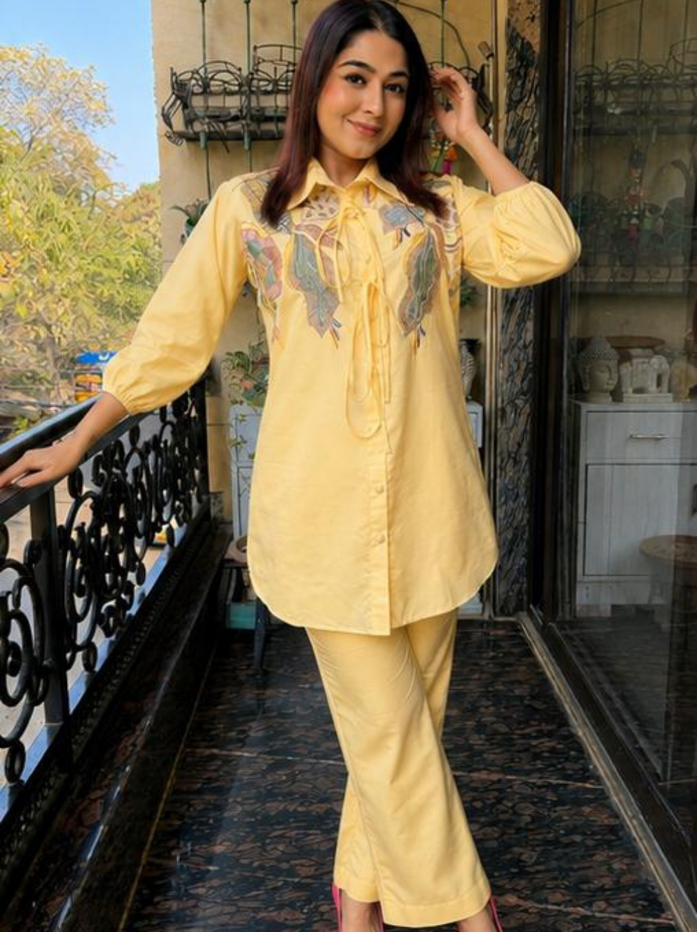 Butter Yellow Cotton Co-ord Set with Butterfly Thread Embroidery