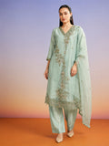 Mint green floral embroidered organza kurta set with sheer dupatta
