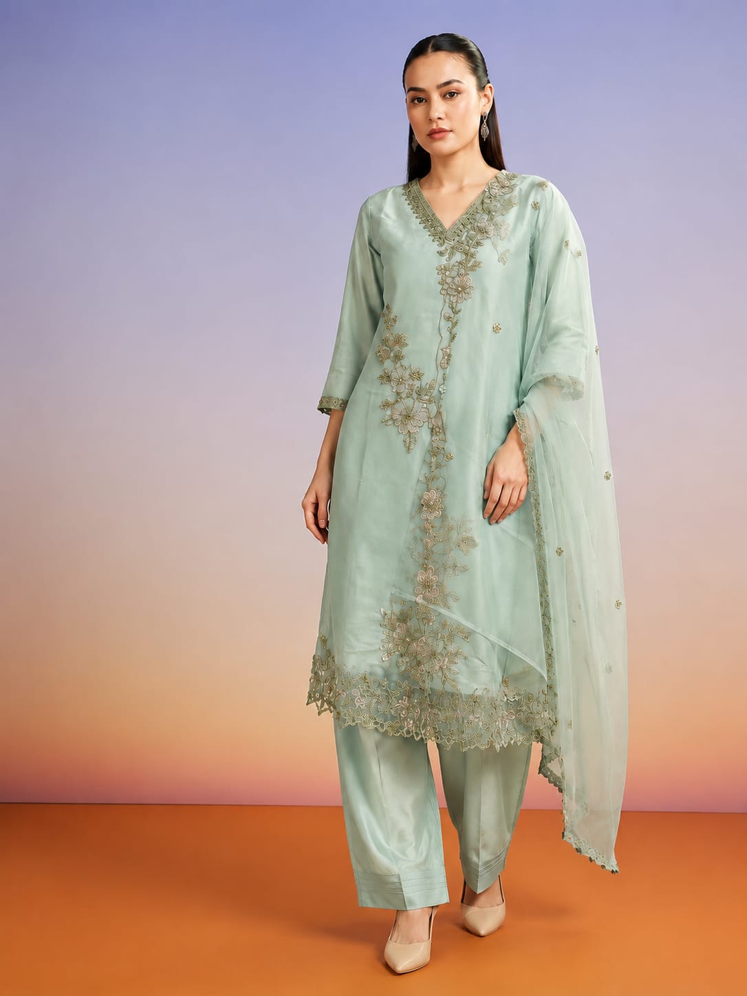 Mint green floral embroidered organza kurta set with sheer dupatta