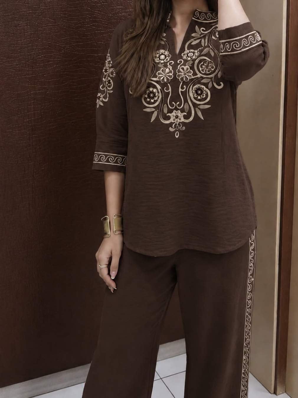 Chocolate Brown Embroidered Cotton Flex Coord Set