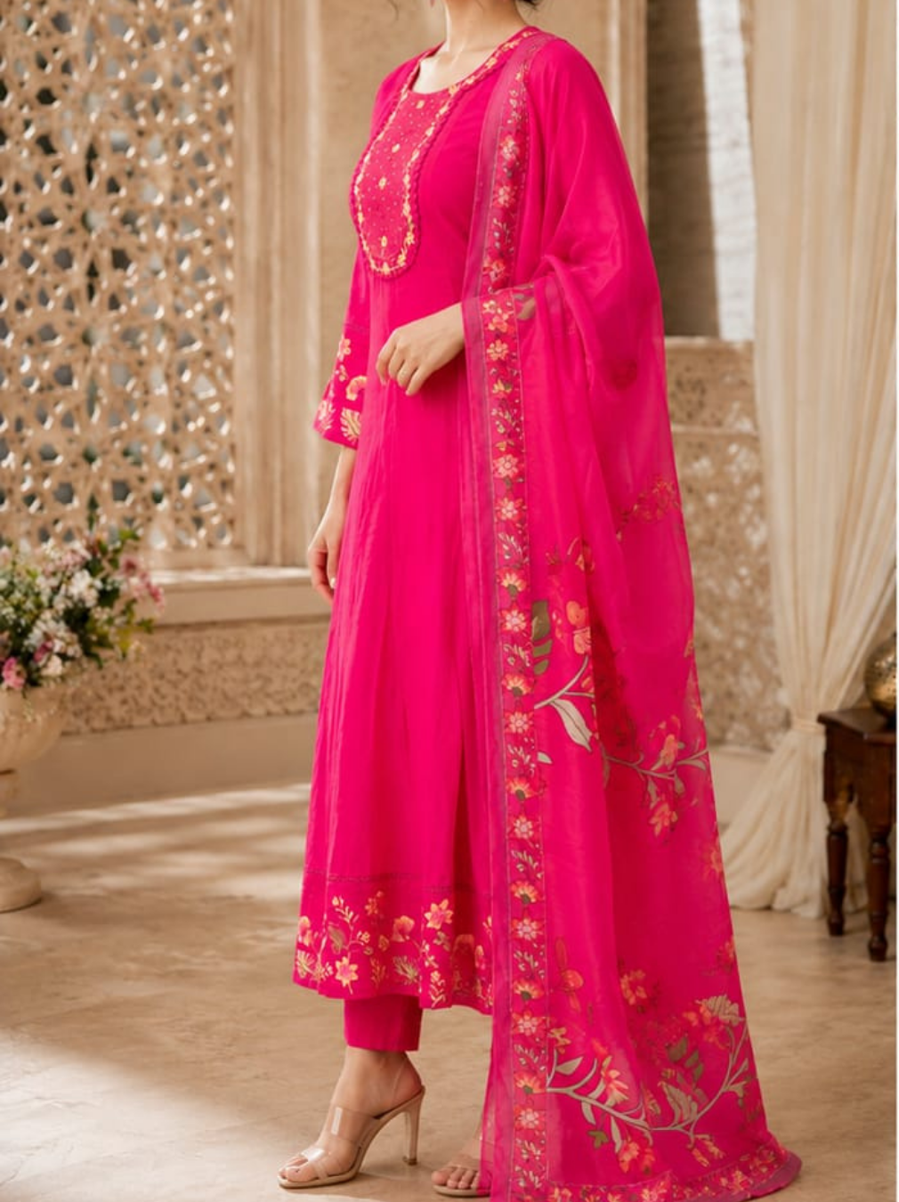 Hot Pink Embroidered Mul Cotton Anarkali Suit Set