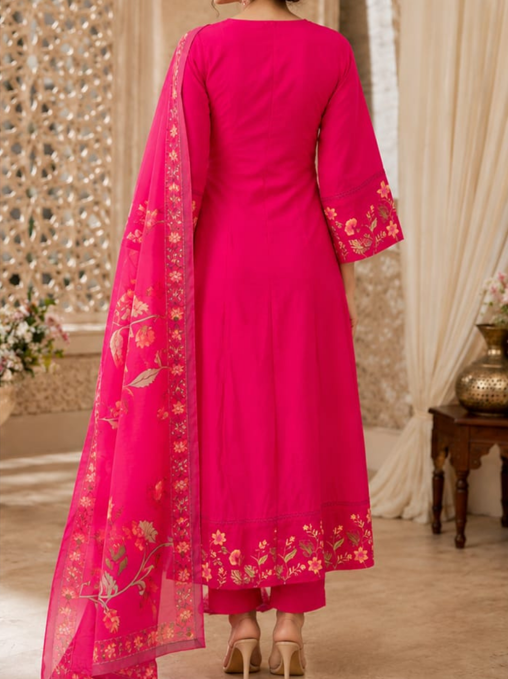 Hot Pink Embroidered Mul Cotton Anarkali Suit Set