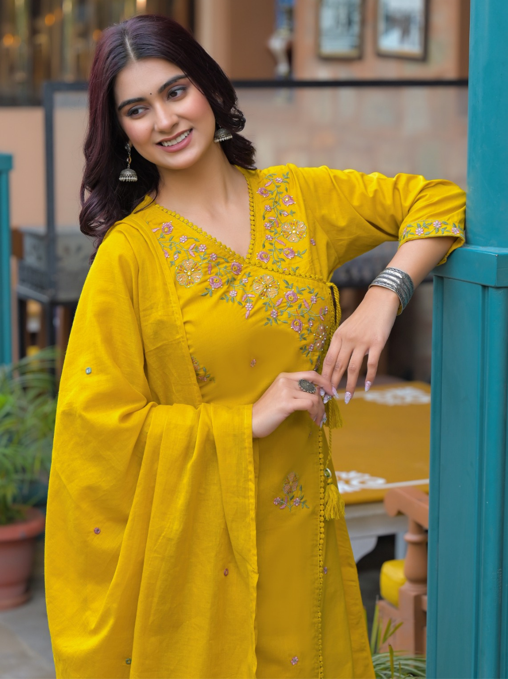 Mustard Yellow Cotton Kurta Set with Floral Embroidered V-Neck & Dupatta
