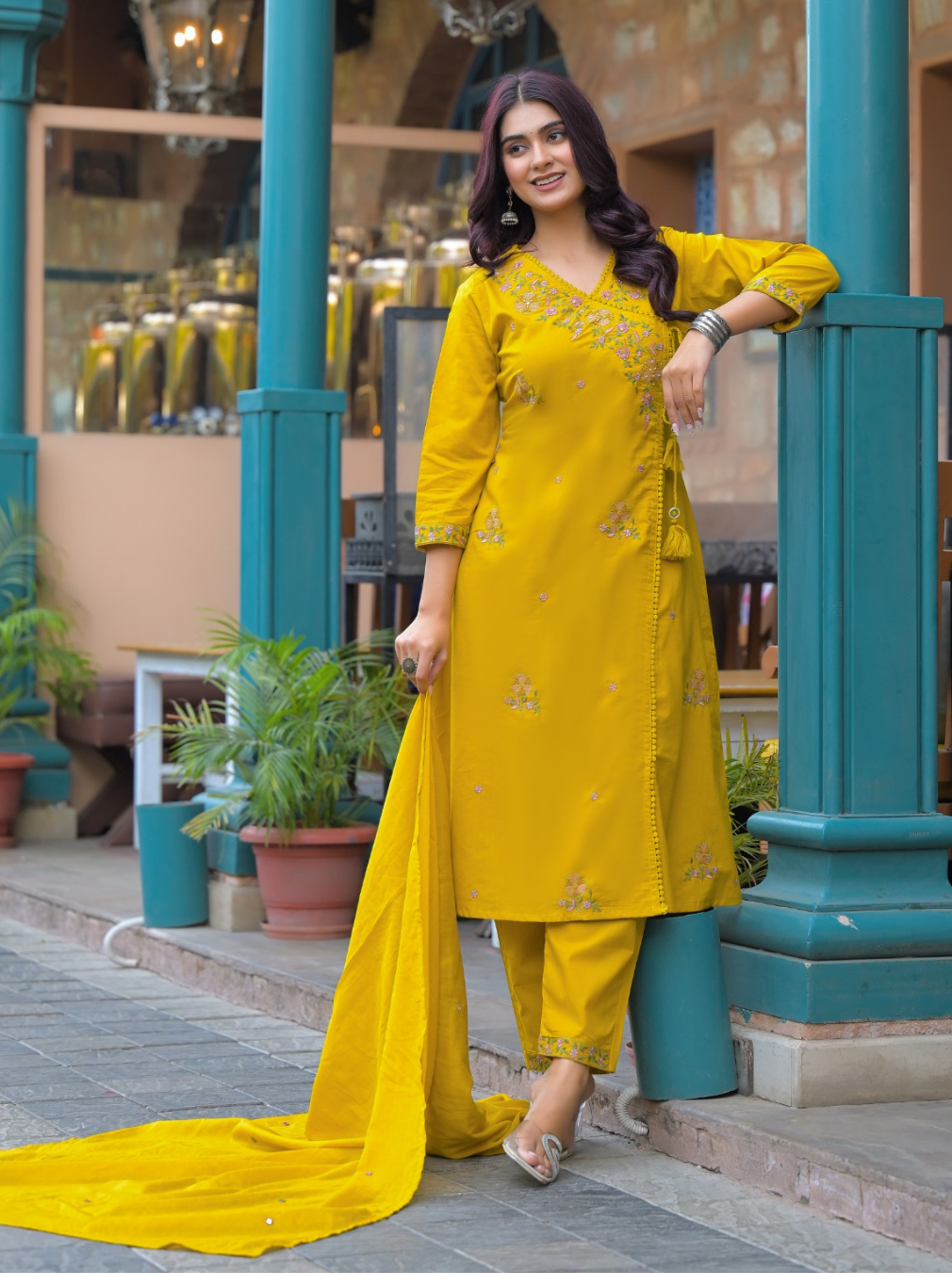 Mustard Yellow Cotton Kurta Set with Floral Embroidered V-Neck & Dupatta
