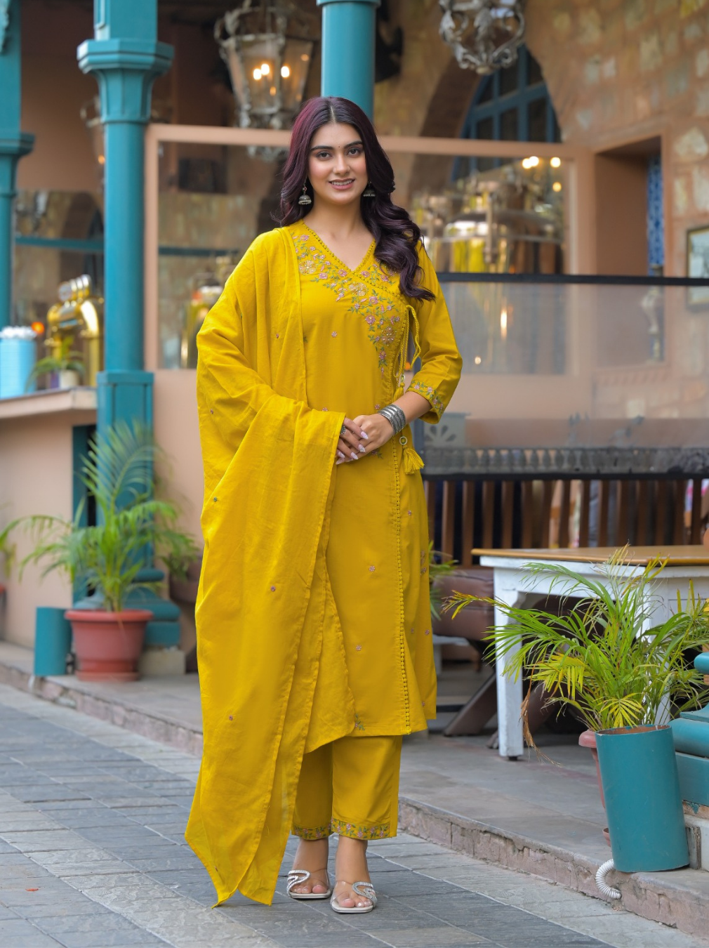 Mustard Yellow Cotton Kurta Set with Floral Embroidered V-Neck & Dupatta