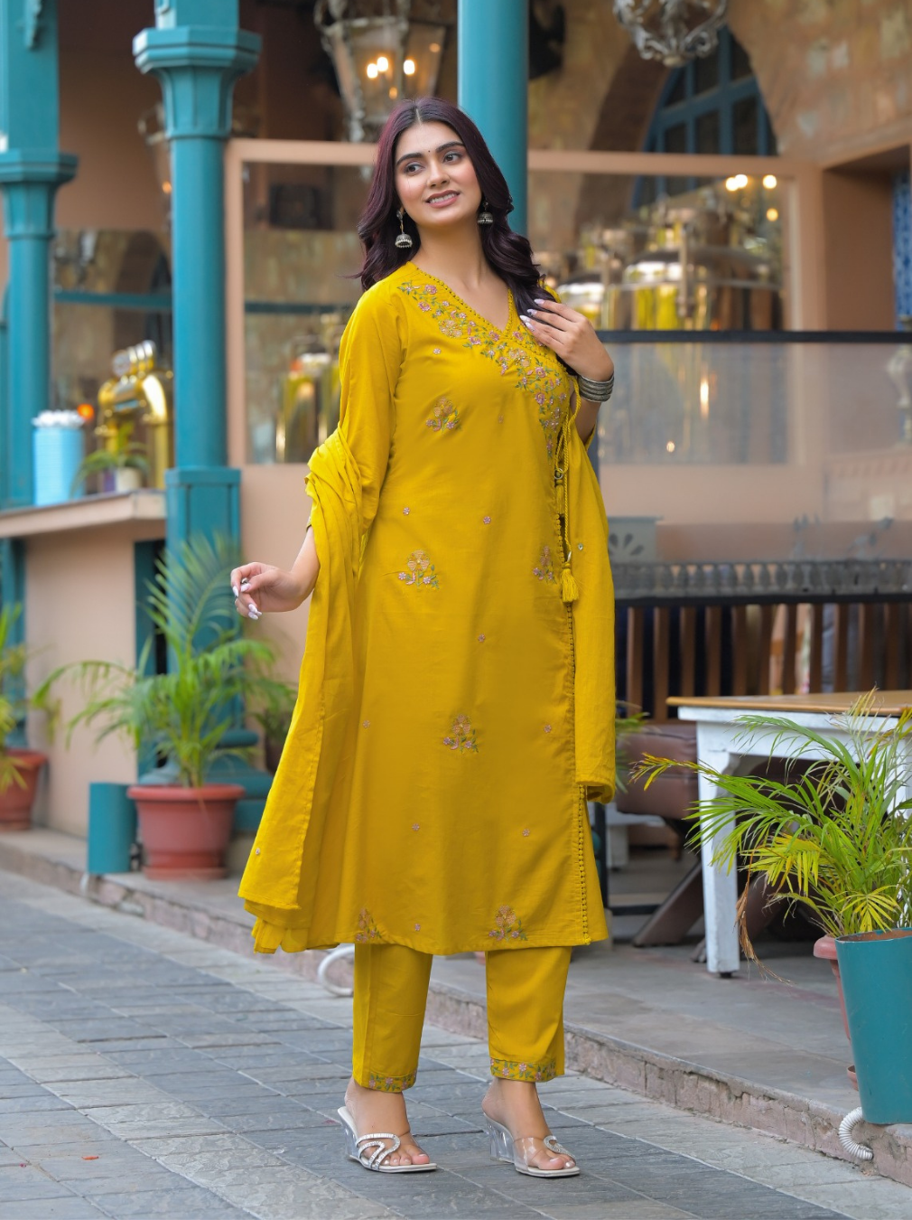 Mustard Yellow Cotton Kurta Set with Floral Embroidered V-Neck & Dupatta