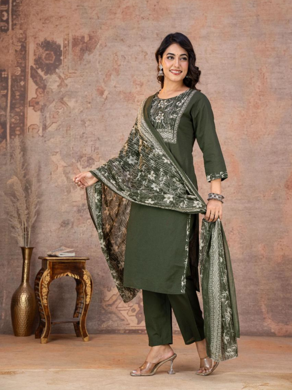 Olive Green Floral Print Kurta Set with Cotton Mul Dupatta