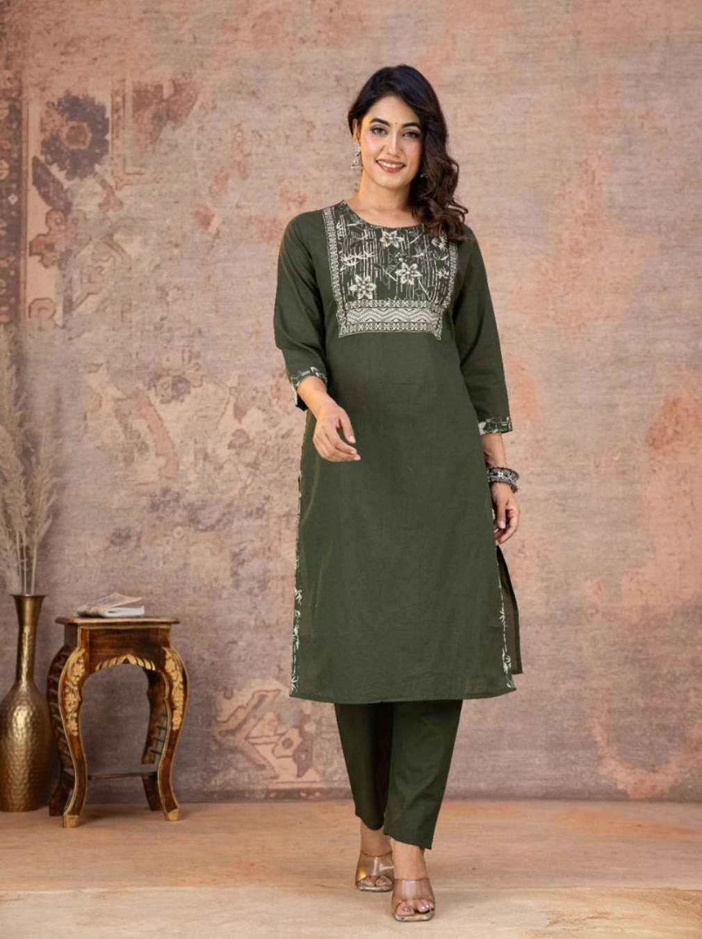 Olive Green Floral Print Kurta Set with Cotton Mul Dupatta