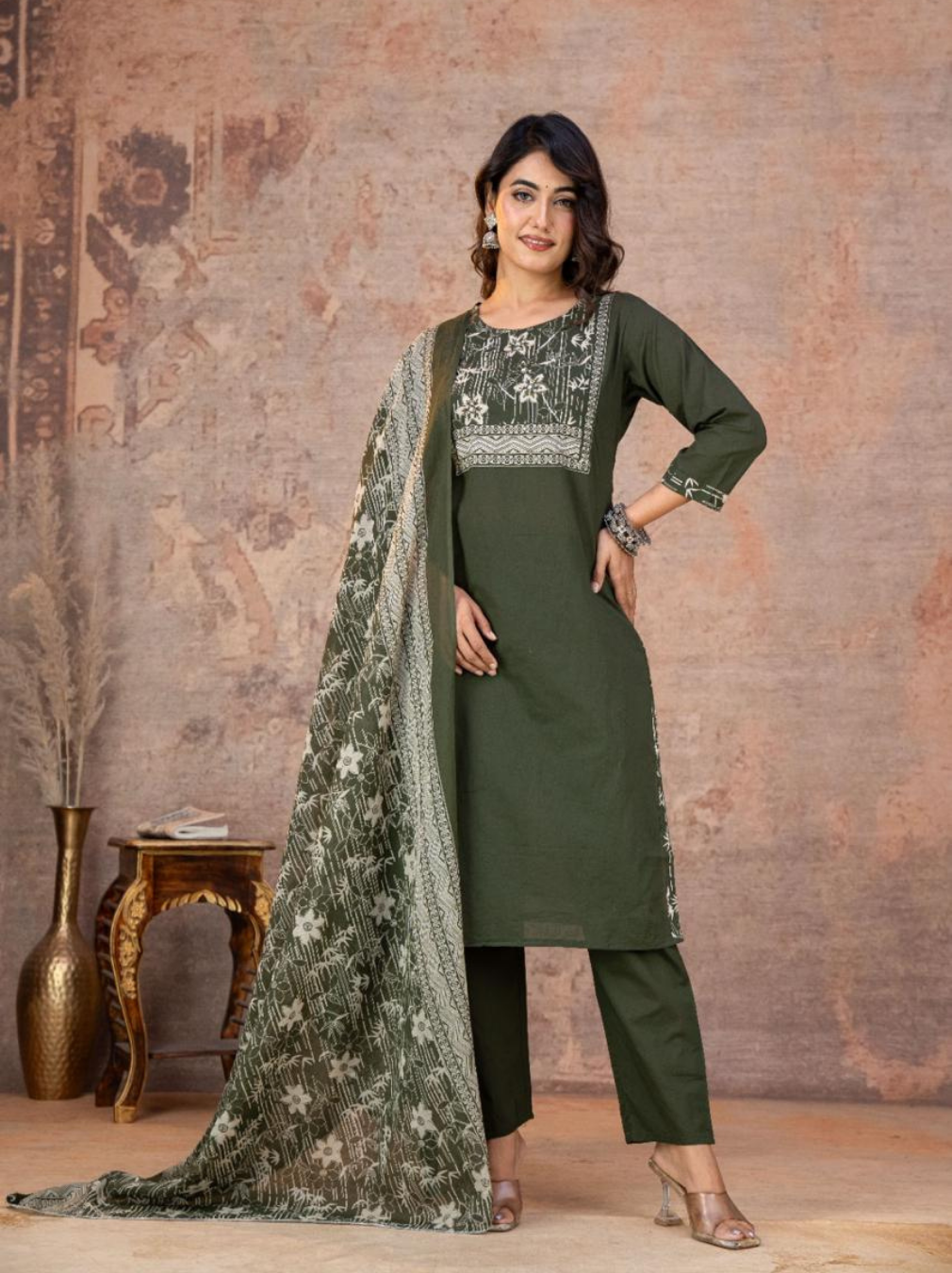 Olive Green Floral Print Kurta Set with Cotton Mul Dupatta