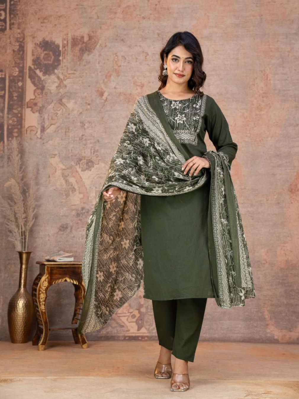 Olive Green Floral Print Kurta Set with Cotton Mul Dupatta