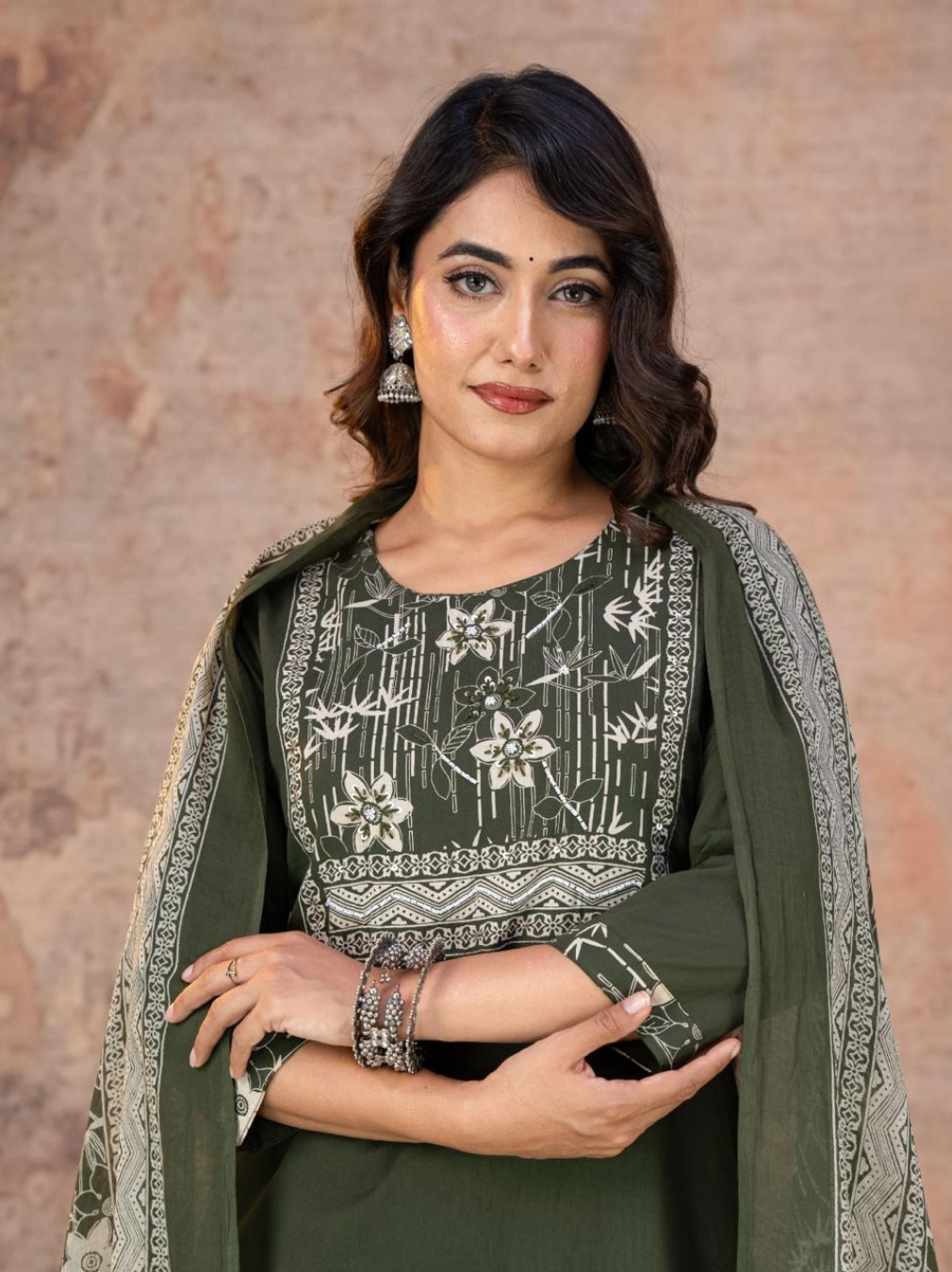 Olive Green Floral Print Kurta Set with Cotton Mul Dupatta