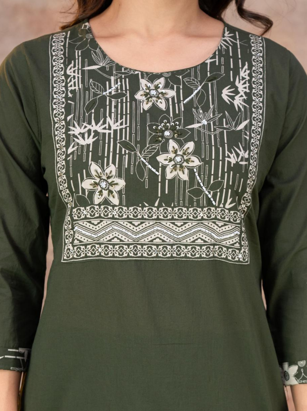 Olive Green Floral Print Kurta Set with Cotton Mul Dupatta