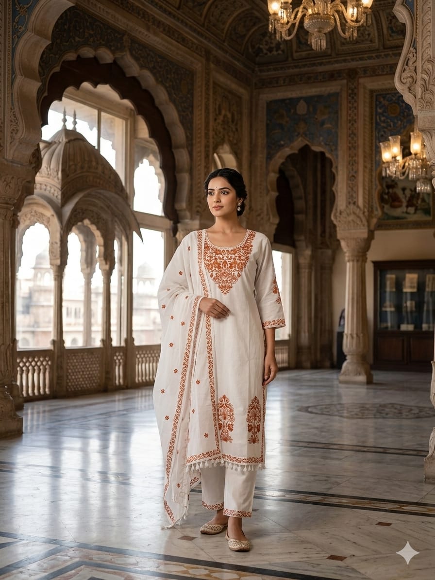 Off-White Pure Cotton Embroidered Kurta Set with Dupatta