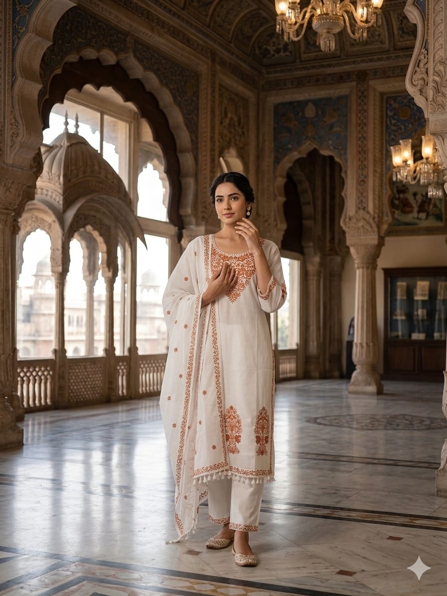 Off-White Pure Cotton Embroidered Kurta Set with Dupatta