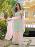 Mint Green & Pink Cotton Embroidered Sharara Set with Dupatta