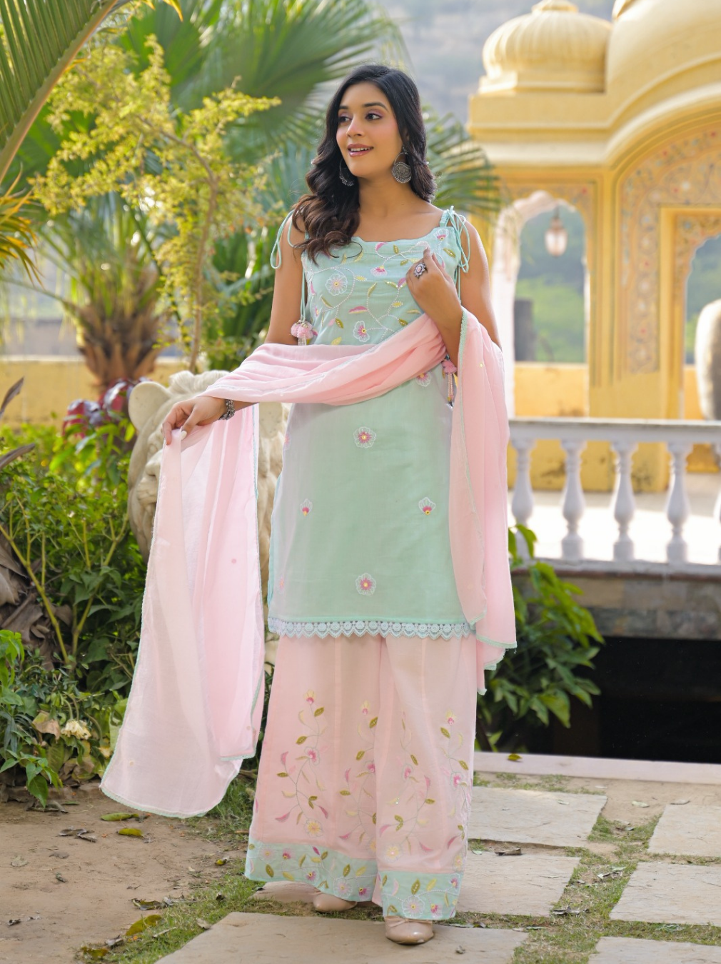 Mint Green & Pink Cotton Embroidered Sharara Set with Dupatta