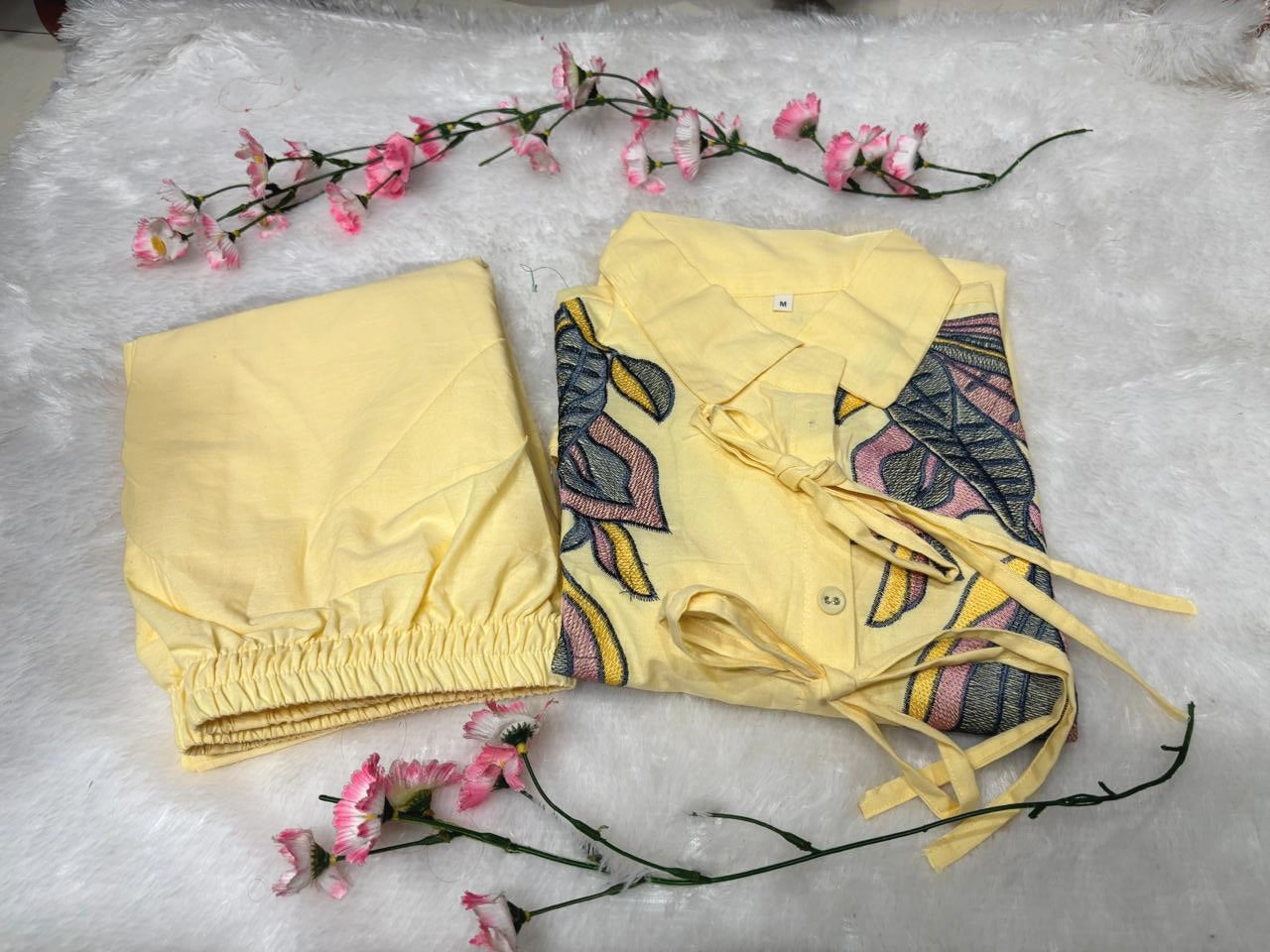Butter Yellow Cotton Co-ord Set with Butterfly Thread Embroidery