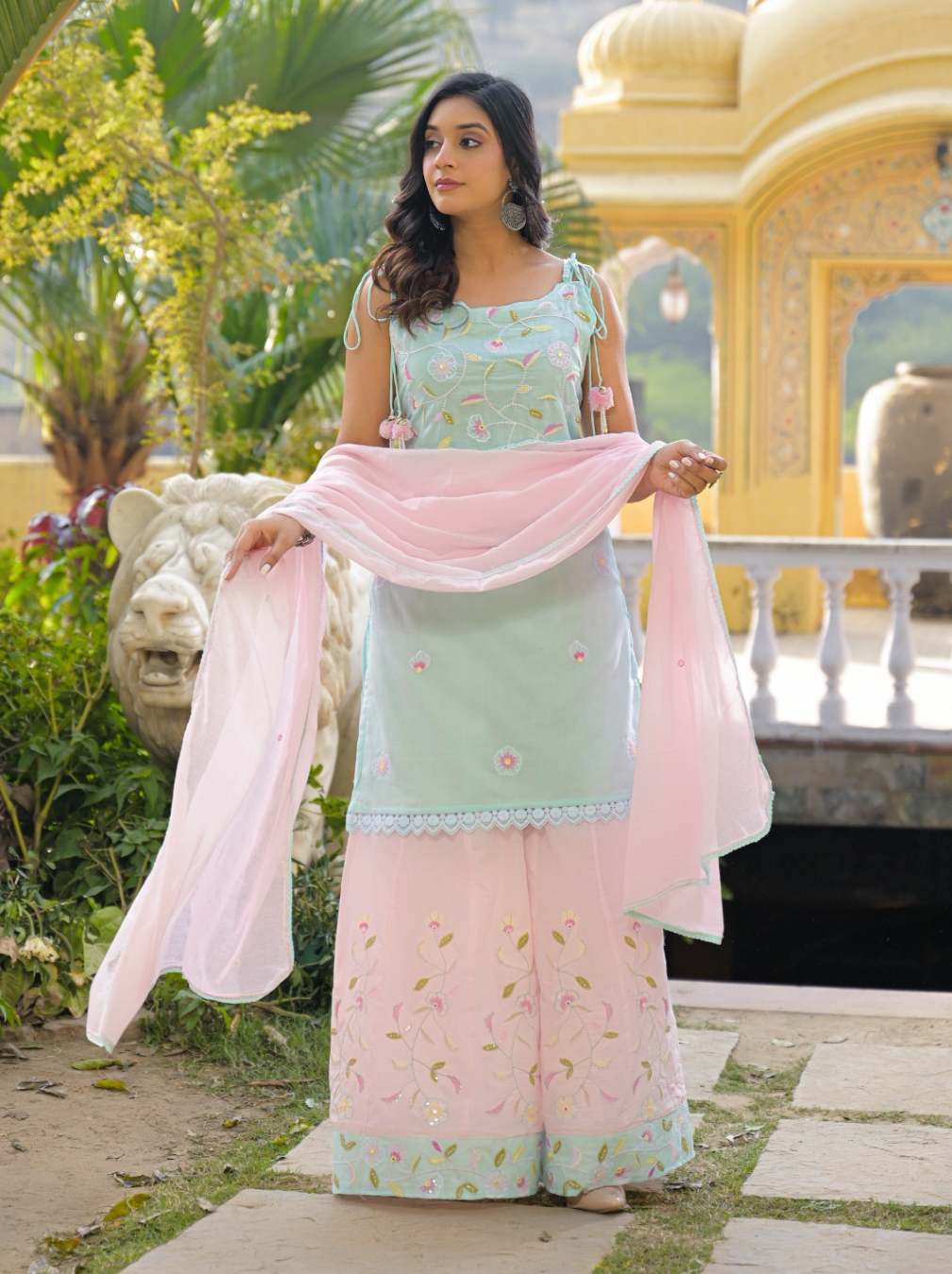 Mint Green & Pink Cotton Embroidered Sharara Set with Dupatta