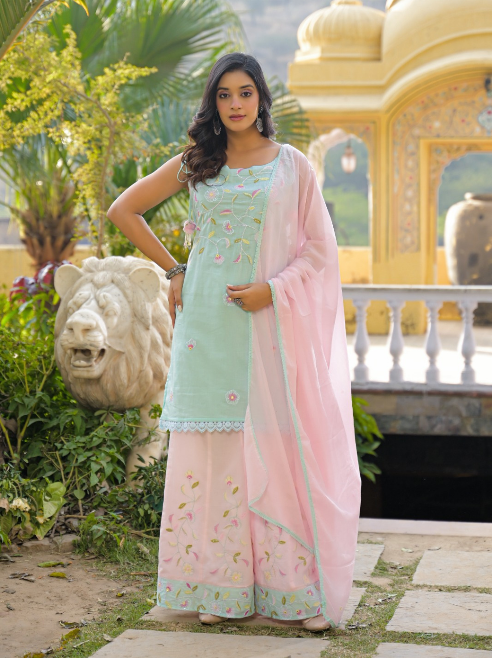 Mint Green & Pink Cotton Embroidered Sharara Set with Dupatta
